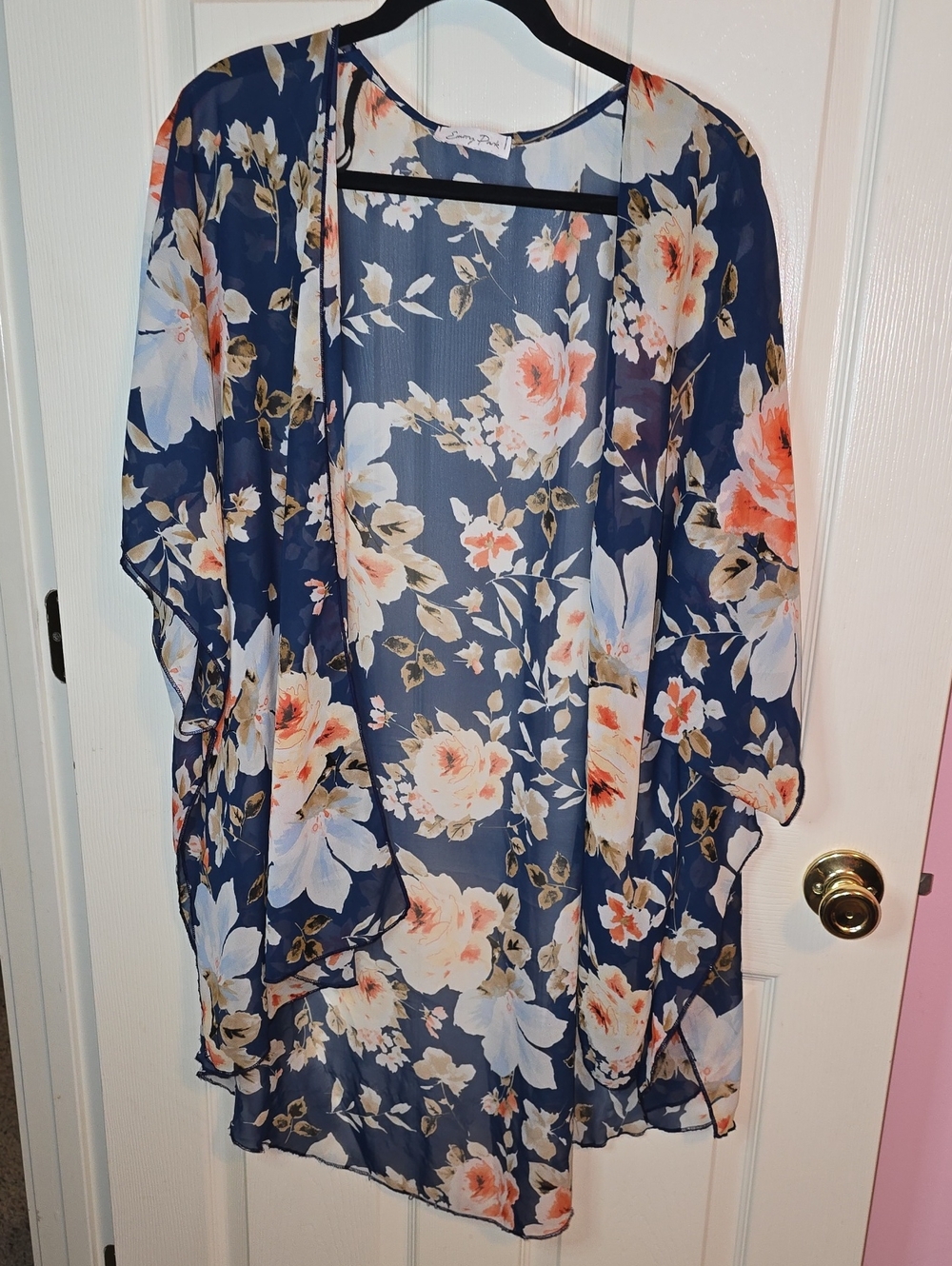 emory park Navy Floral Sheer Kimono with Peach & Cream Blooms